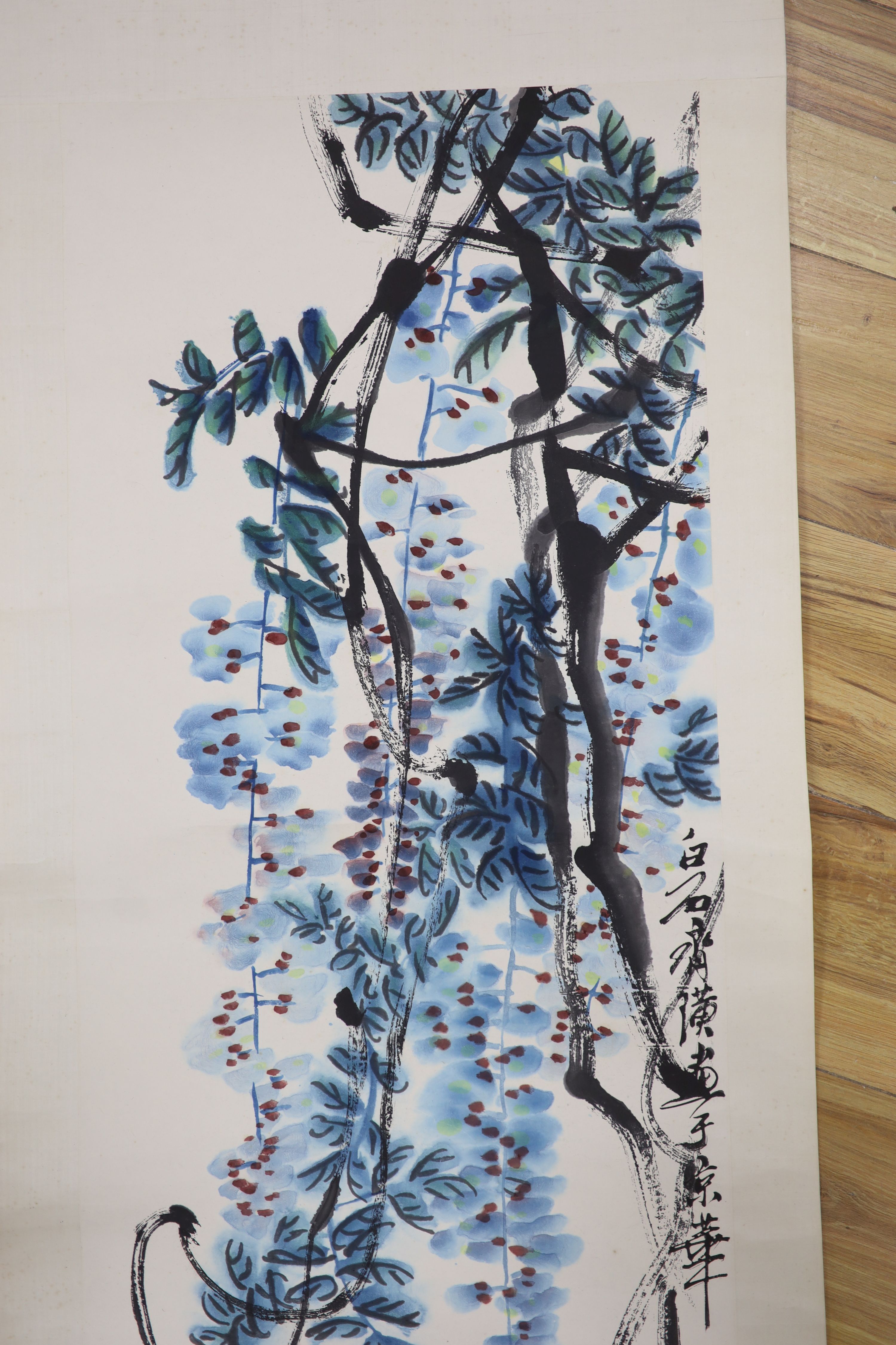 After Qi Baishi, scroll painting, Trailing flowers, 97 x 40cm